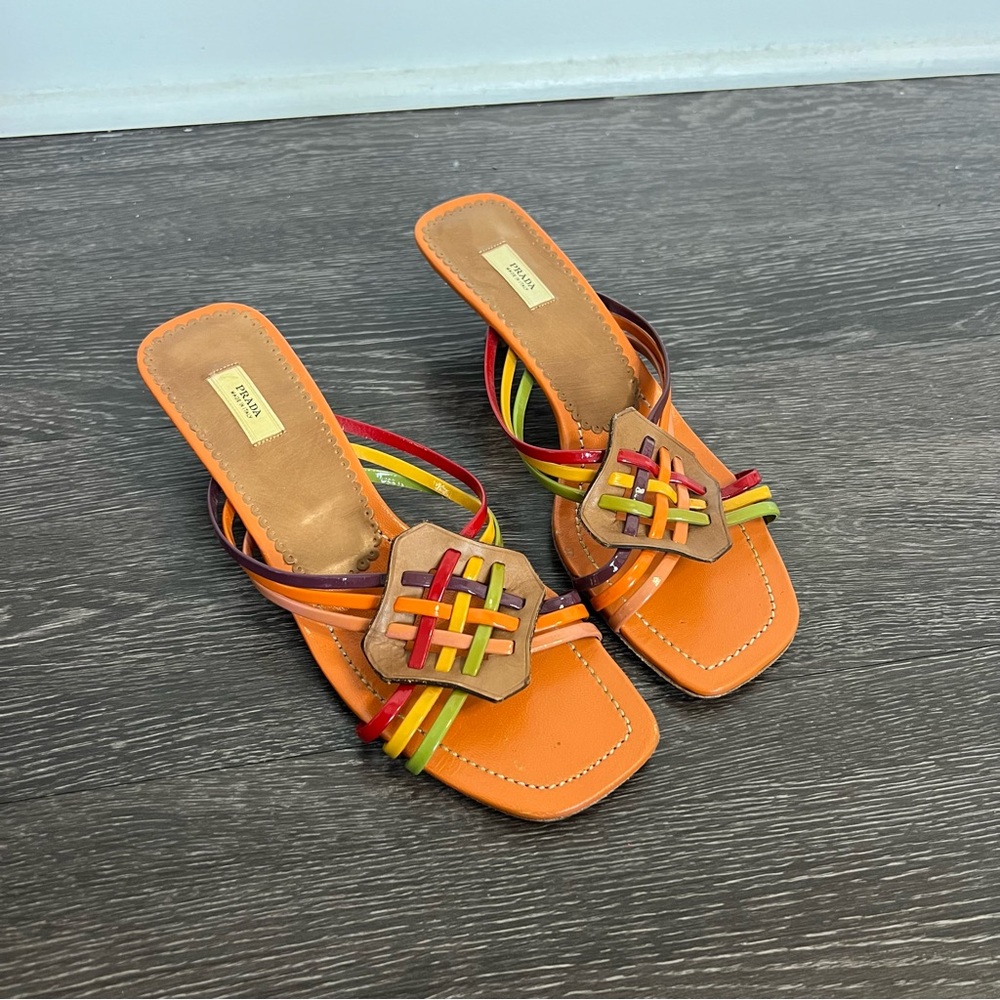 Prada Orange Multicolor Woven Strap Sandals